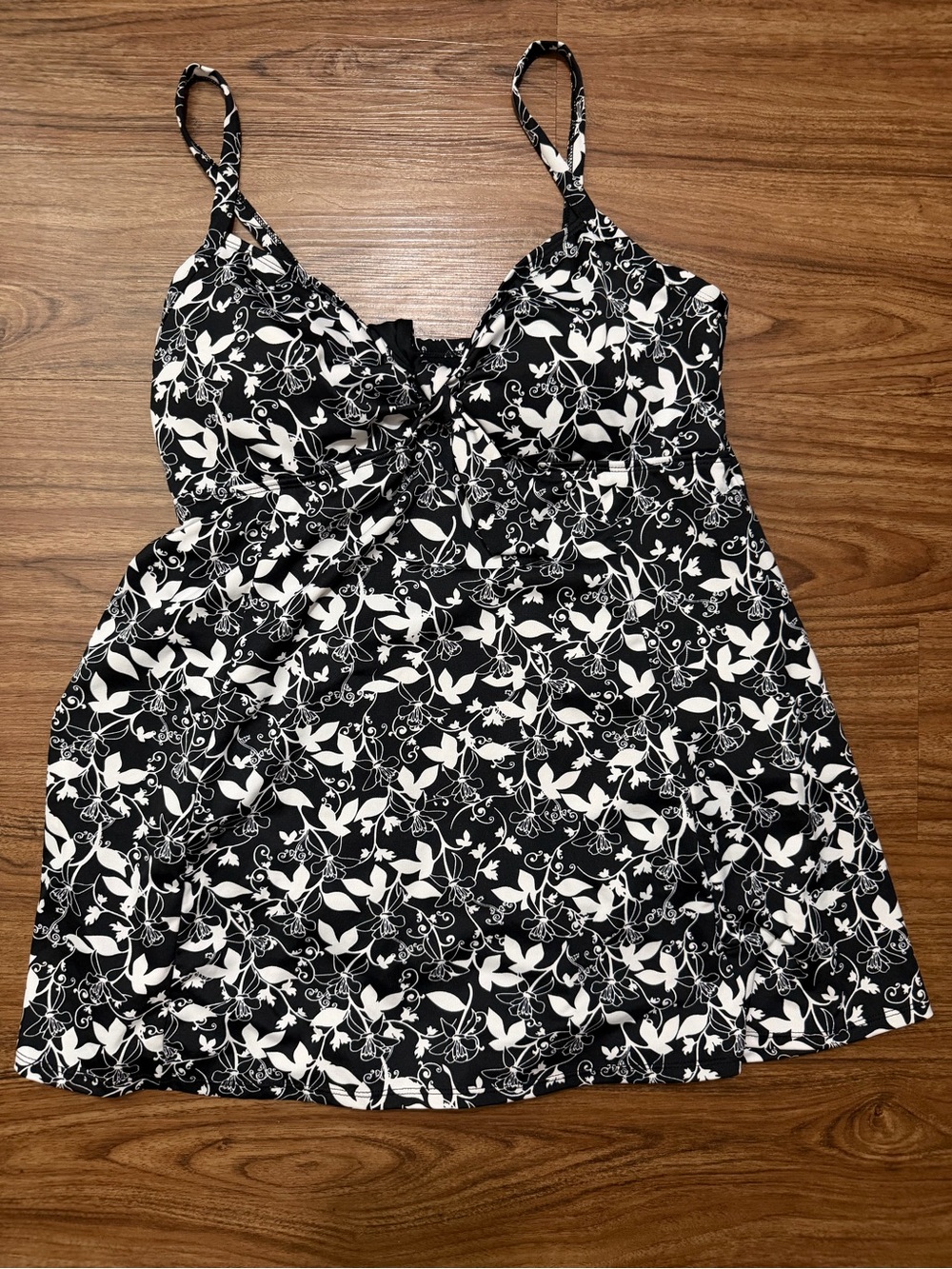 Black and White Floral One-Piece Swimdress with Adjustable Straps